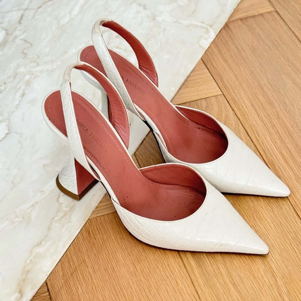 Amina Muaddi White Pointed Toe Slingback Heels